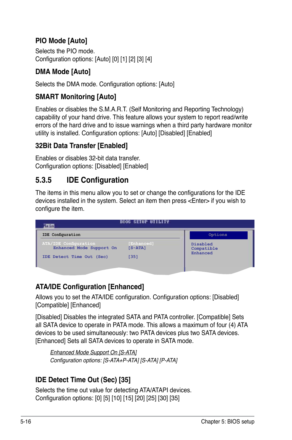 5 ide configuration, Pio mode [auto, Dma mode [auto | Smart monitoring [auto, 32bit data transfer [enabled, Ata/ide configuration [enhanced, Ide detect time out (sec) [35 | Asus V3-P5G31 User Manual | Page 81 / 99