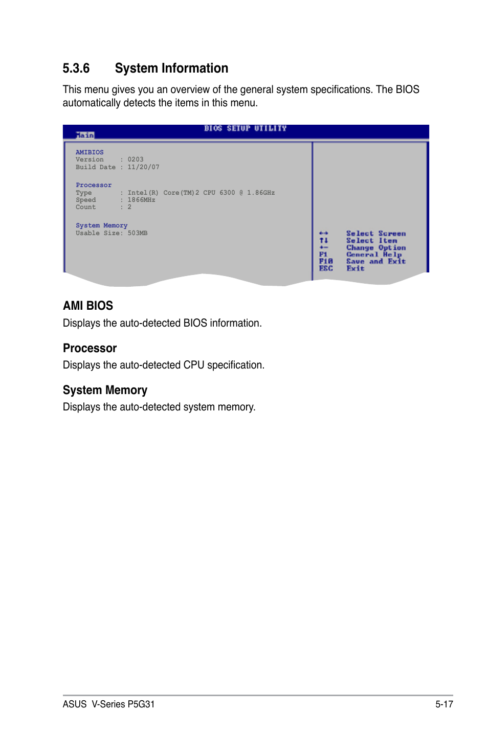 6 system information, Ami bios, Processor | Asus V3-P5G31 User Manual | Page 82 / 99