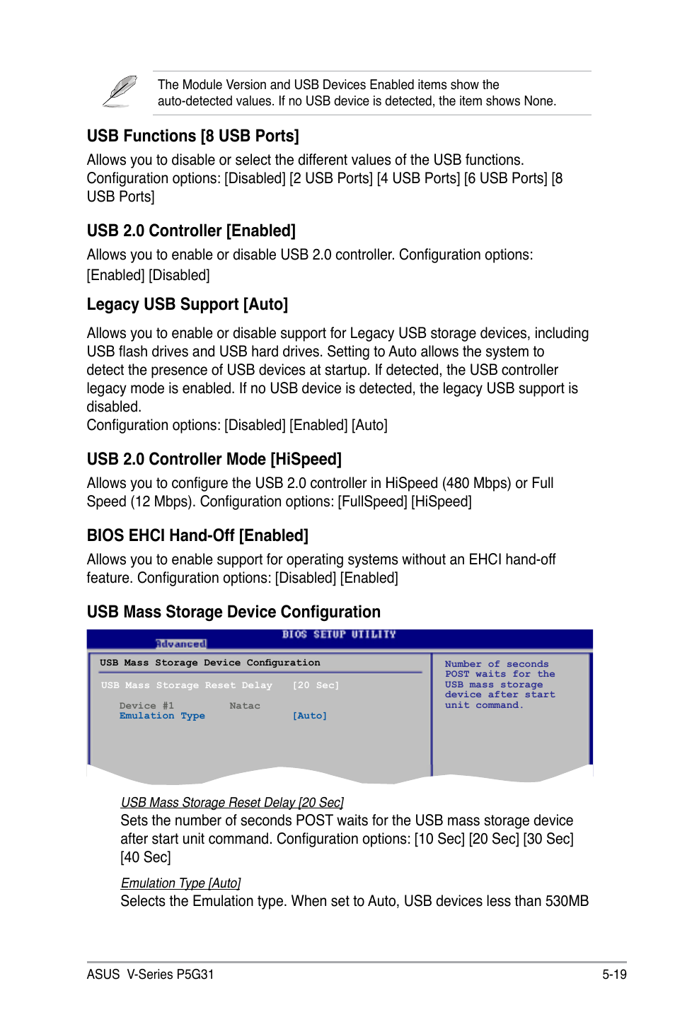 Usb functions [8 usb ports, Usb 2.0 controller [enabled, Legacy usb support [auto | Usb 2.0 controller mode [hispeed, Bios ehci hand-off [enabled, Usb mass storage device configuration | Asus V3-P5G31 User Manual | Page 84 / 99