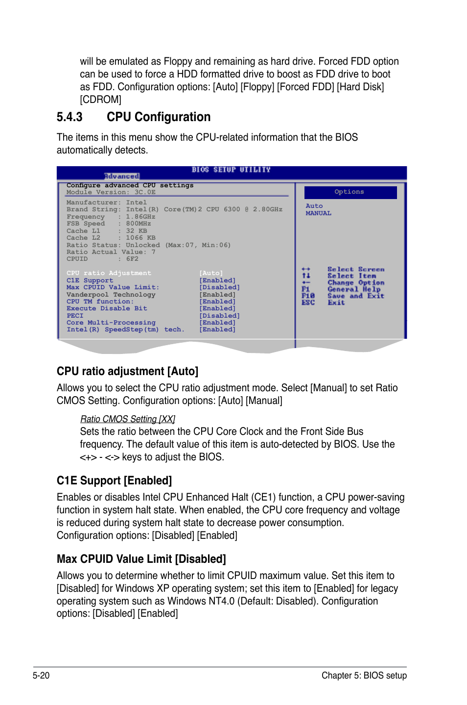 3 cpu configuration, Cpu ratio adjustment [auto, C1e support [enabled | Max cpuid value limit [disabled | Asus V3-P5G31 User Manual | Page 85 / 99