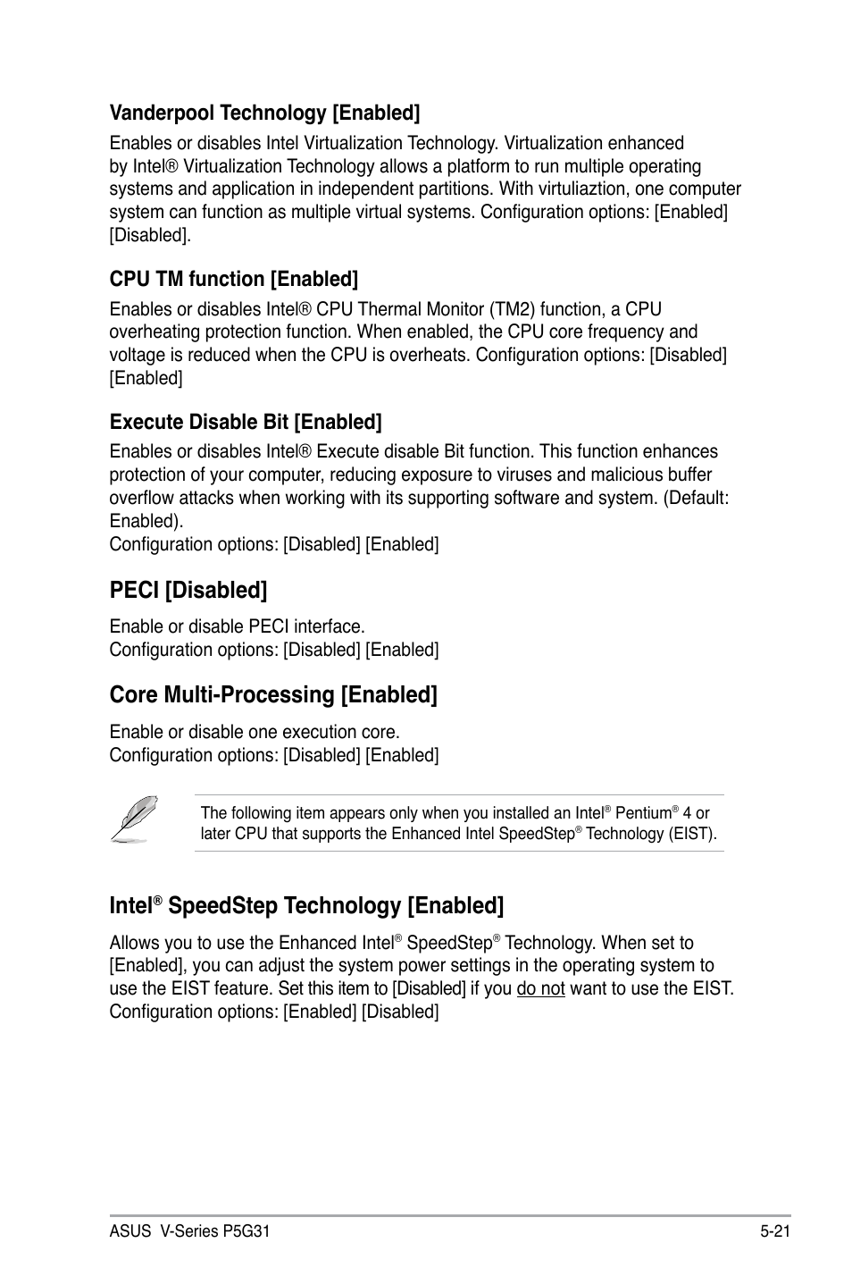 Peci [disabled, Core multi-processing [enabled, Intel | Speedstep technology [enabled, Vanderpool technology [enabled, Cpu tm function [enabled, Execute disable bit [enabled | Asus V3-P5G31 User Manual | Page 86 / 99