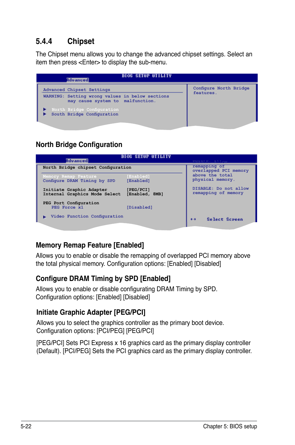 4 chipset, Configure dram timing by spd [enabled, Initiate graphic adapter [peg/pci | Asus V3-P5G31 User Manual | Page 87 / 99