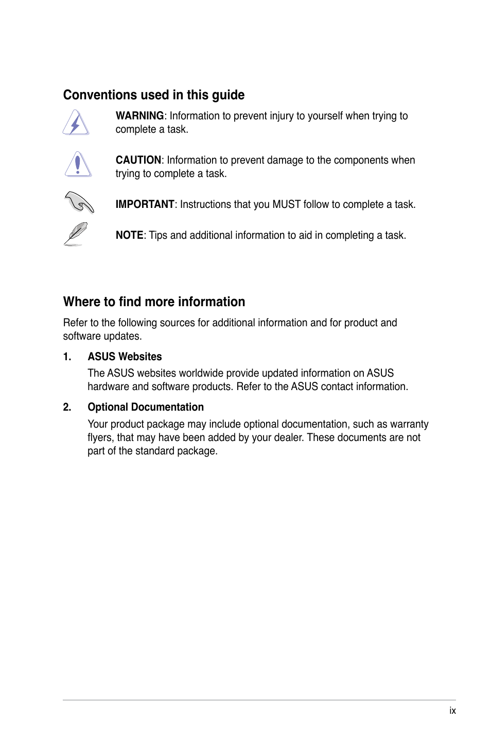 Conventions used in this guide, Where to find more information | Asus V3-P5G31 User Manual | Page 9 / 99