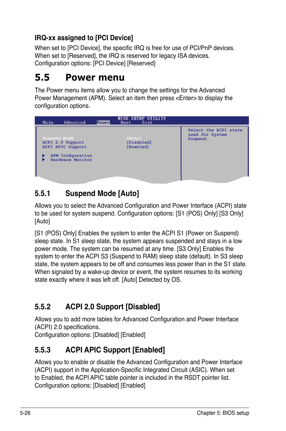 5 power menu, 1 suspend mode [auto, 2 acpi 2.0 support [disabled | 3 acpi apic support [enabled, Irq-xx assigned to [pci device | Asus V3-P5G31 User Manual | Page 91 / 99