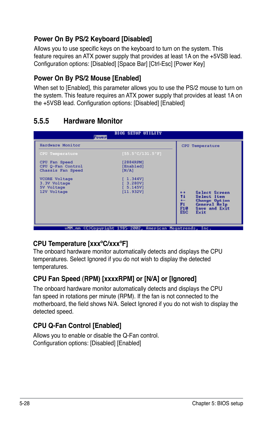 5 hardware monitor, Power on by ps/2 keyboard [disabled, Power on by ps/2 mouse [enabled | Cpu temperature [xxxºc/xxxºf, Cpu q-fan control [enabled | Asus V3-P5G31 User Manual | Page 93 / 99