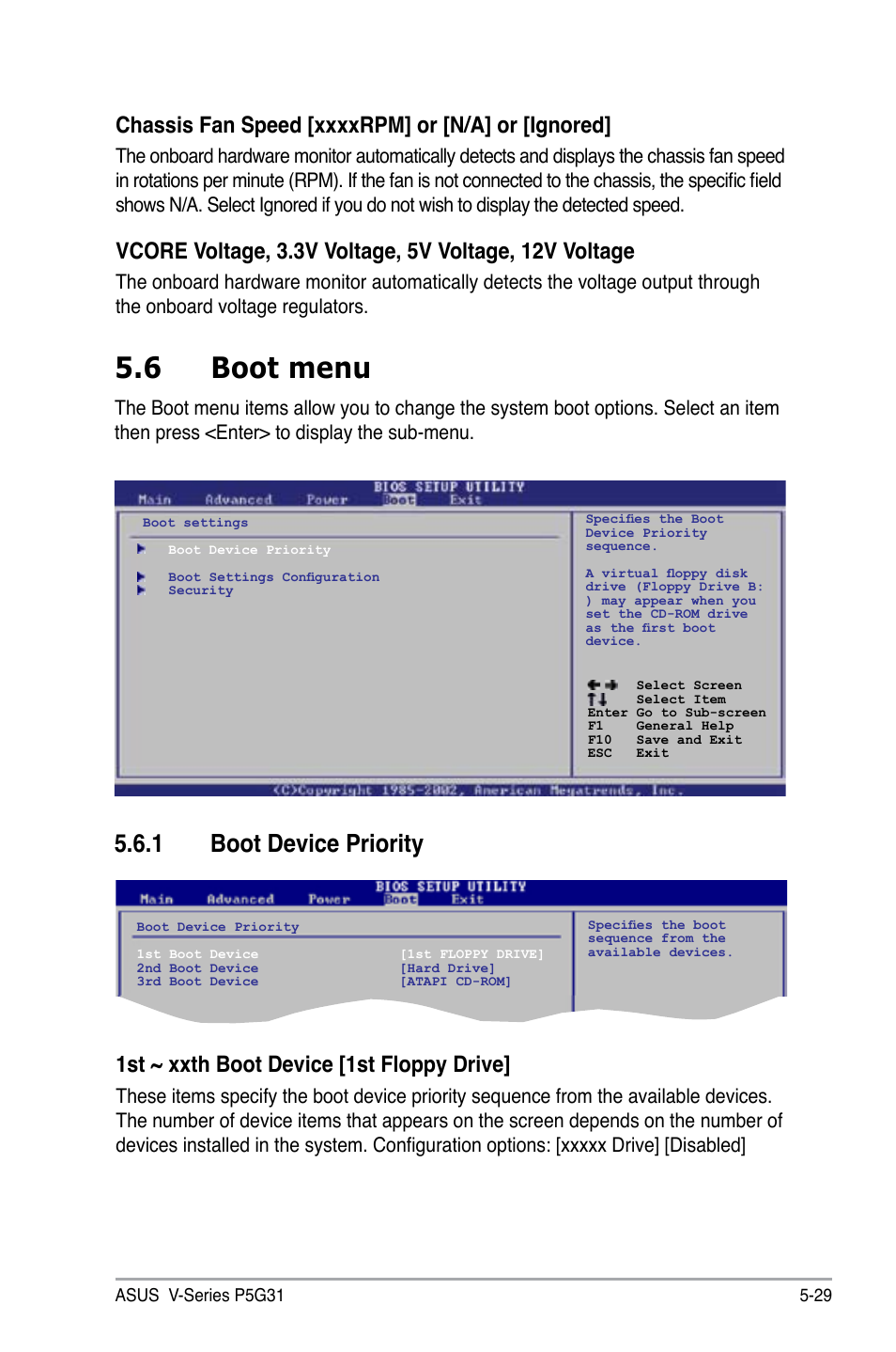 6 boot menu, 1 boot device priority, 1st ~ xxth boot device [1st floppy drive | Asus V3-P5G31 User Manual | Page 94 / 99