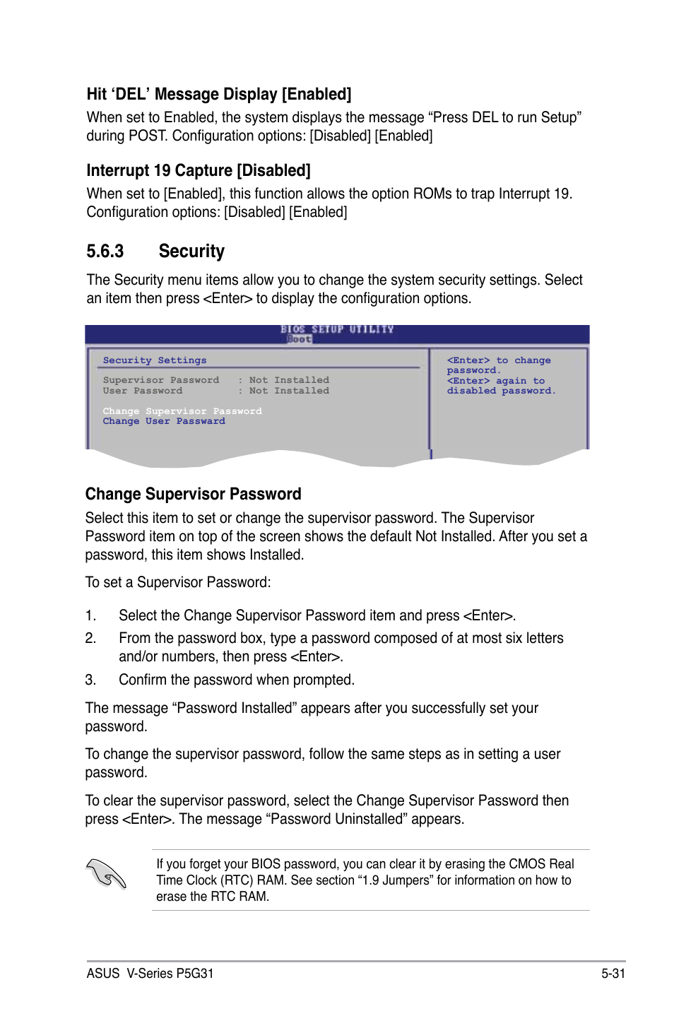 3 security, Hit ‘del’ message display [enabled, Interrupt 19 capture [disabled | Change supervisor password | Asus V3-P5G31 User Manual | Page 96 / 99