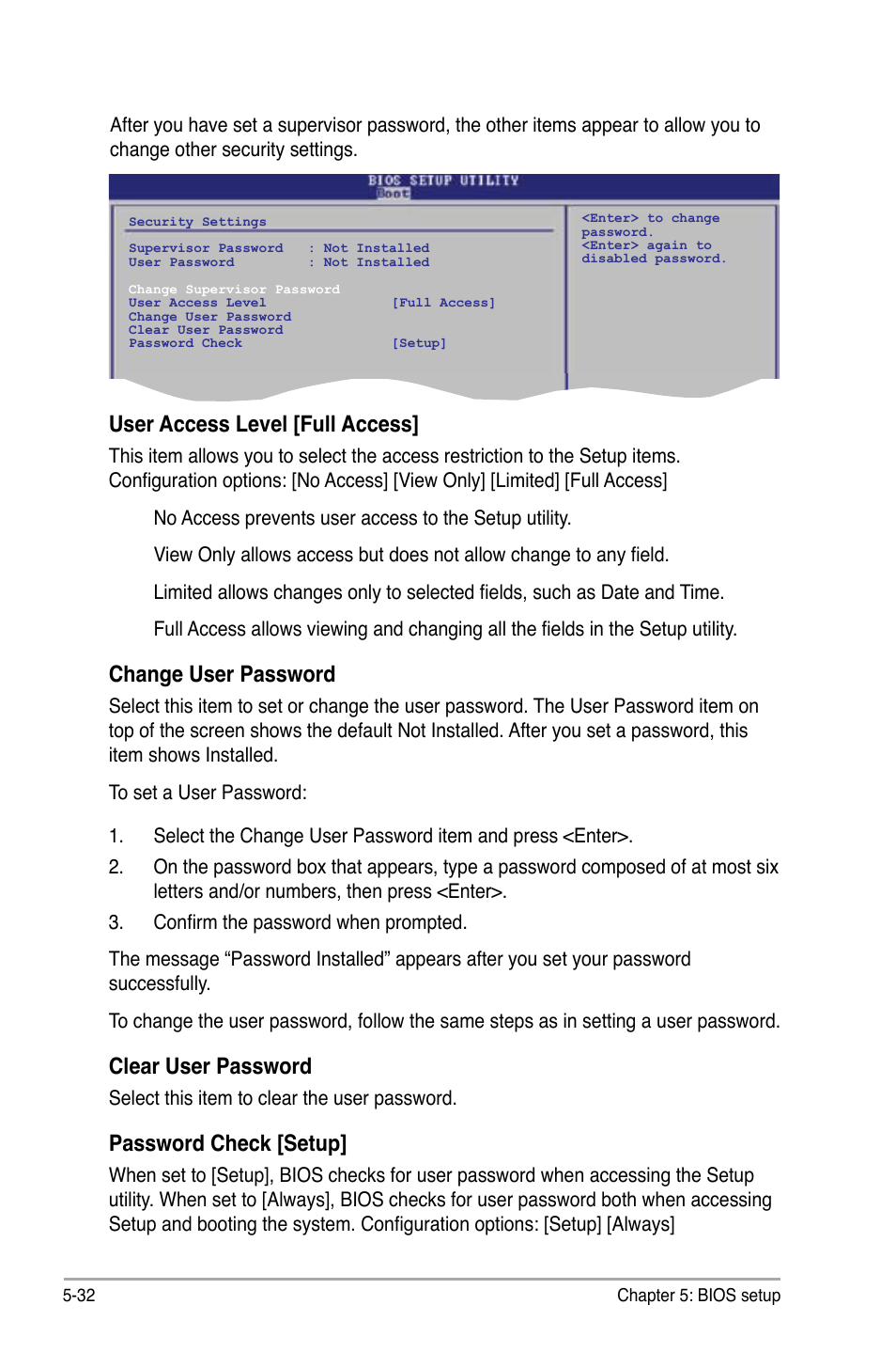 User access level [full access, Change user password, Clear user password | Password check [setup | Asus V3-P5G31 User Manual | Page 97 / 99