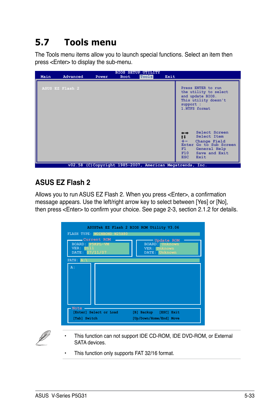 7 tools menu, Asus ez flash 2 | Asus V3-P5G31 User Manual | Page 98 / 99