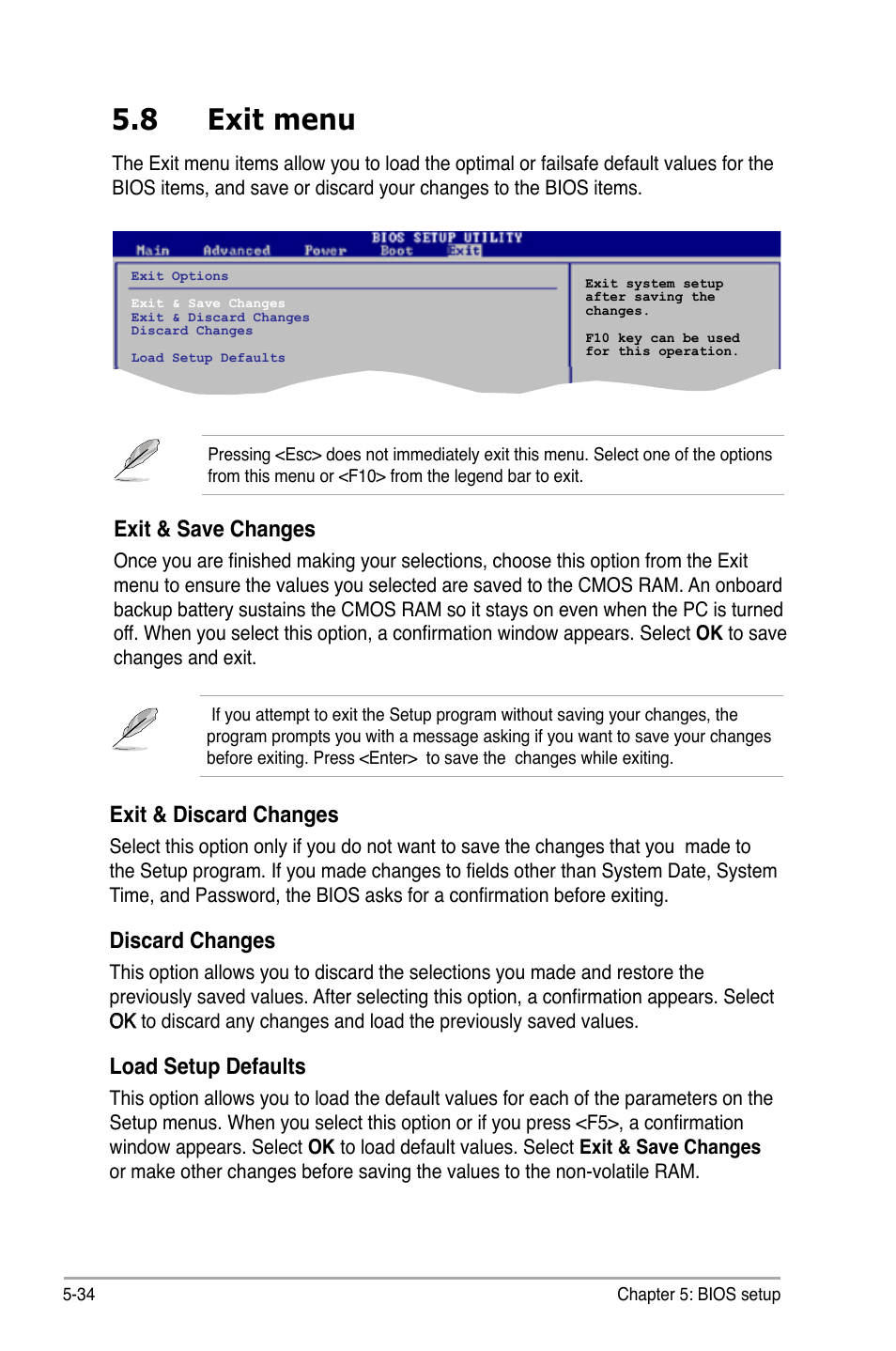 8 exit menu, Exit & discard changes, Discard changes | Load setup defaults, Exit & save changes | Asus V3-P5G31 User Manual | Page 99 / 99