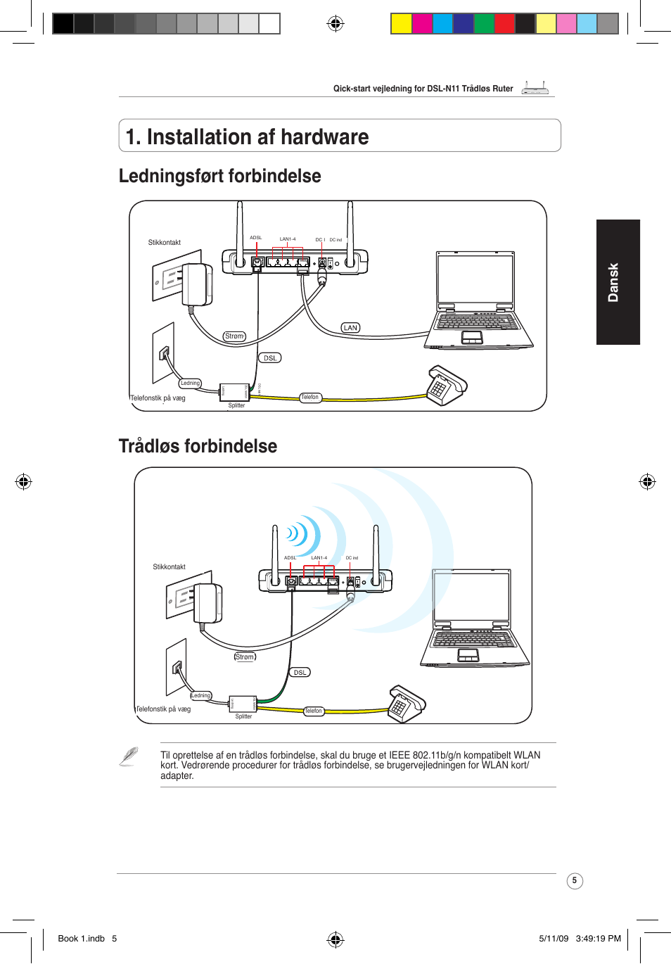 Installation af hardware, Ledningsført forbindelse trådløs forbindelse, Dansk | Asus DSL-N11 User Manual | Page 11 / 37