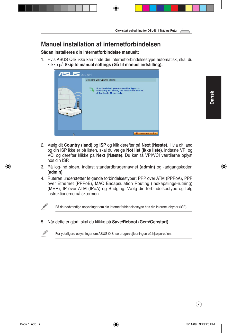 Manuel installation af internetforbindelsen | Asus DSL-N11 User Manual | Page 13 / 37