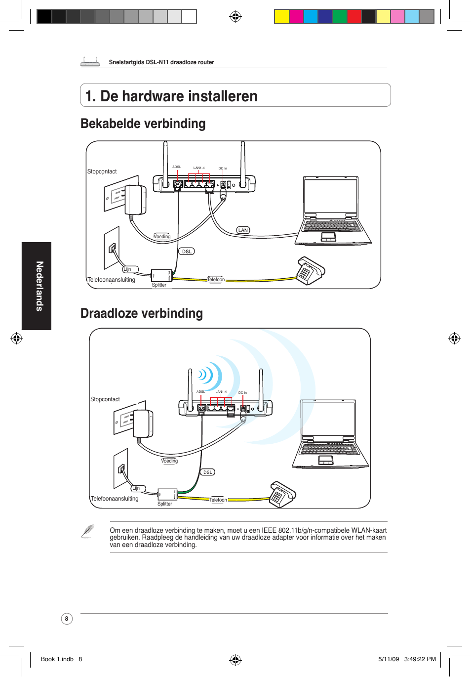 De hardware installeren, Bekabelde verbinding draadloze verbinding, Nederlands | Asus DSL-N11 User Manual | Page 14 / 37