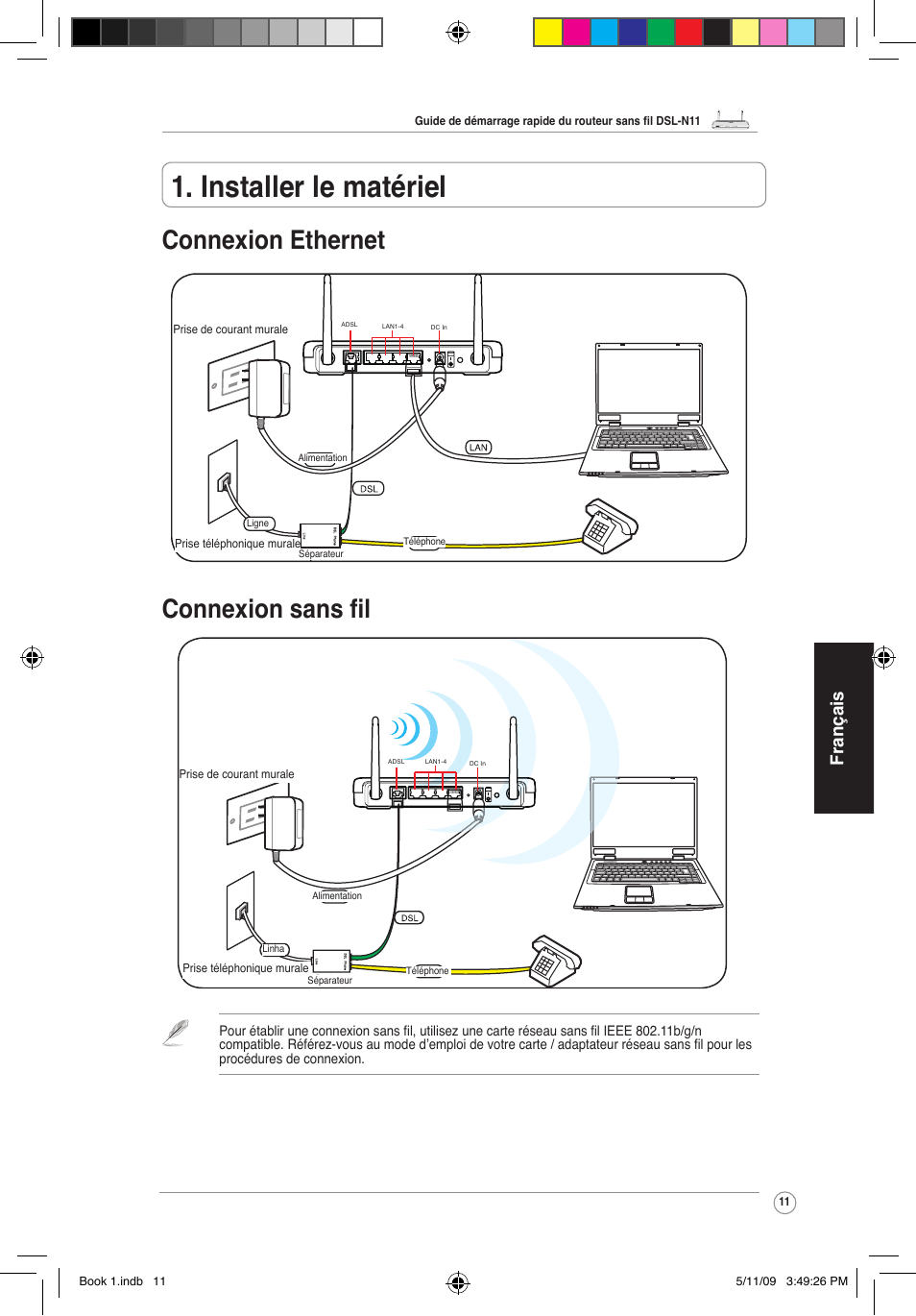 Installer le matériel, Connexion ethernet connexion sans fil, Français | Asus DSL-N11 User Manual | Page 17 / 37