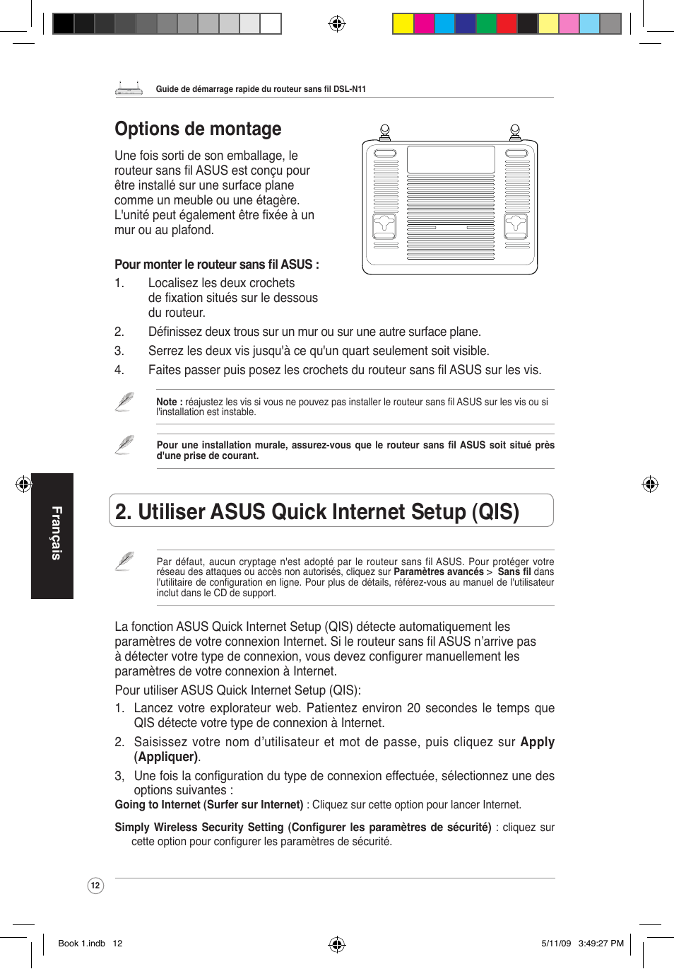 Utiliser asus quick internet setup (qis), Options de montage | Asus DSL-N11 User Manual | Page 18 / 37