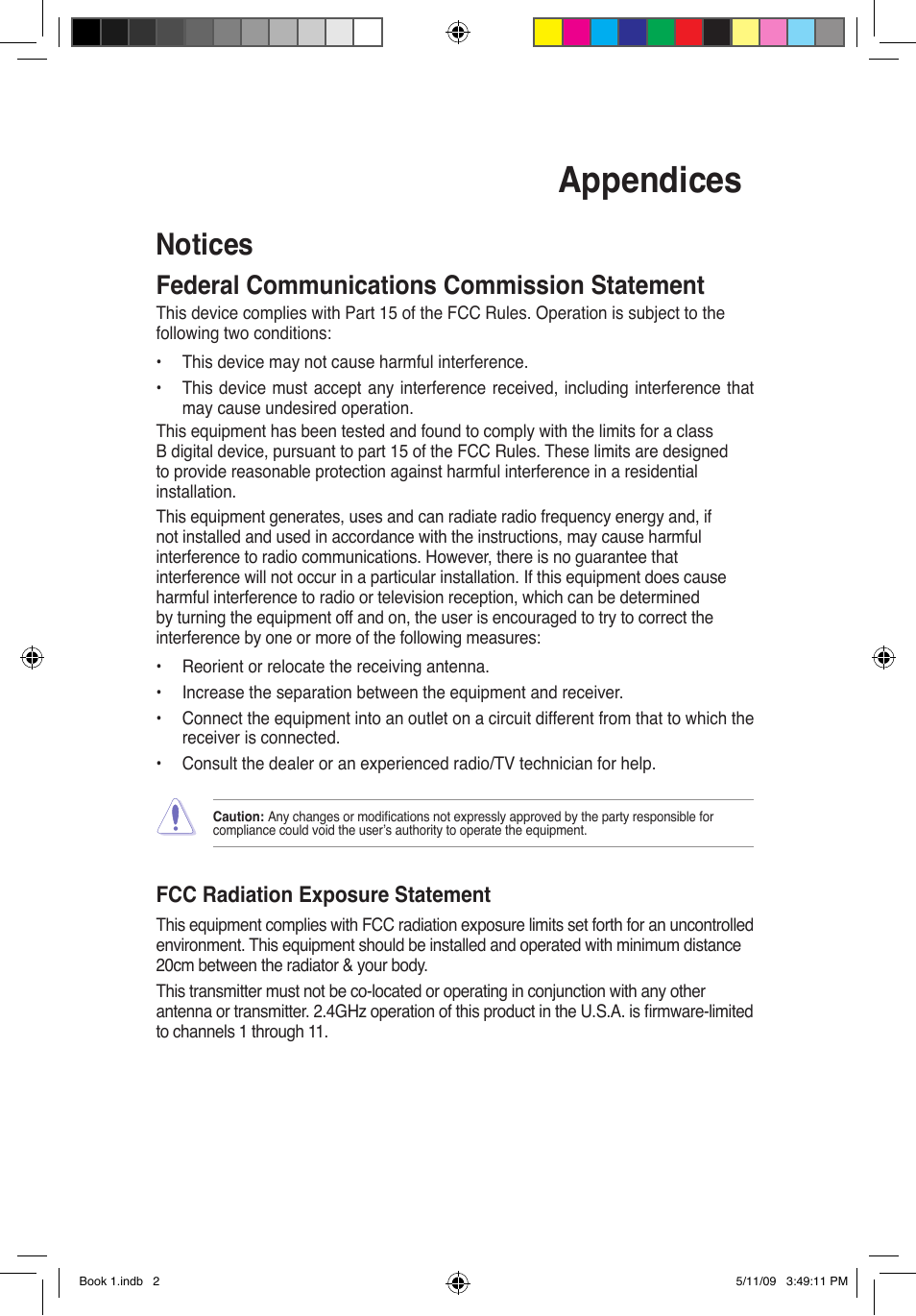 Appendices, Notices, Federal communications commission statement | Fcc radiation exposure statement | Asus DSL-N11 User Manual | Page 2 / 37