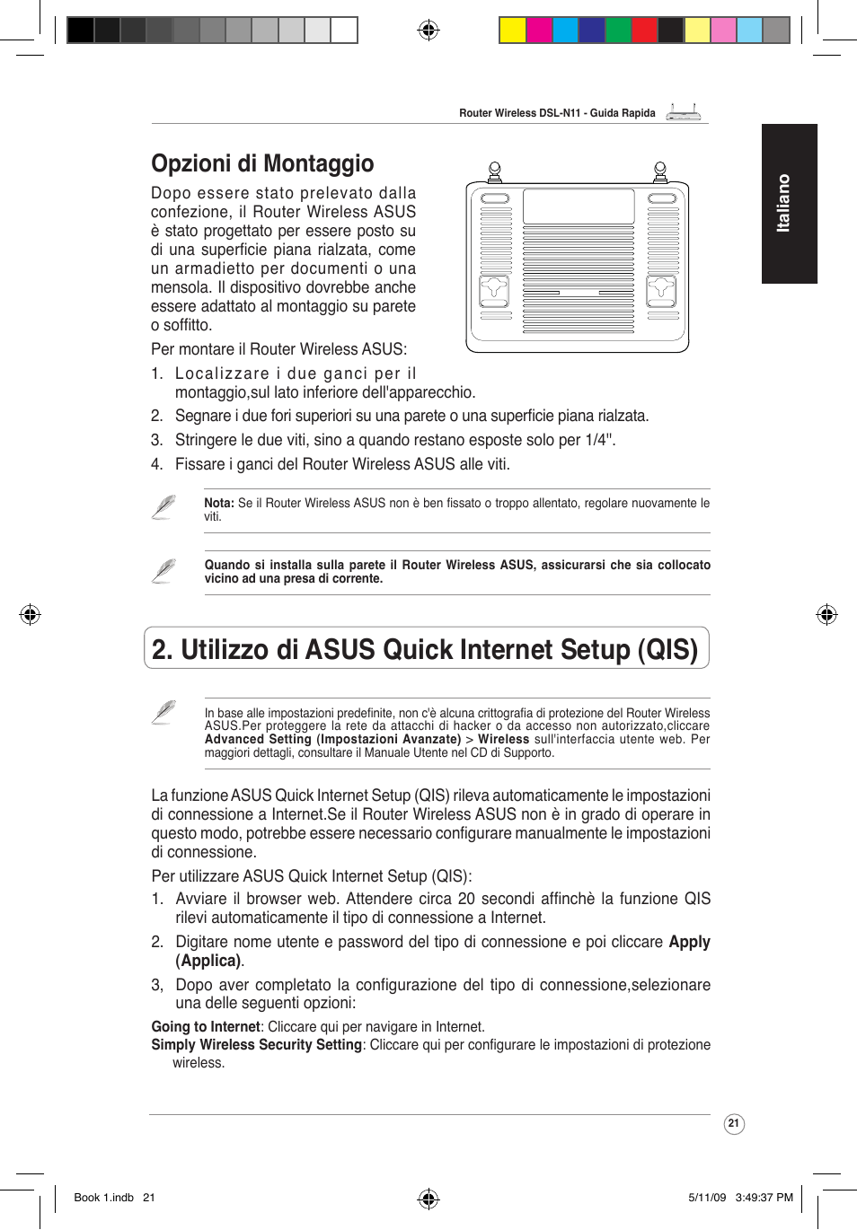 Utilizzo di asus quick internet setup (qis), Opzioni di montaggio | Asus DSL-N11 User Manual | Page 27 / 37