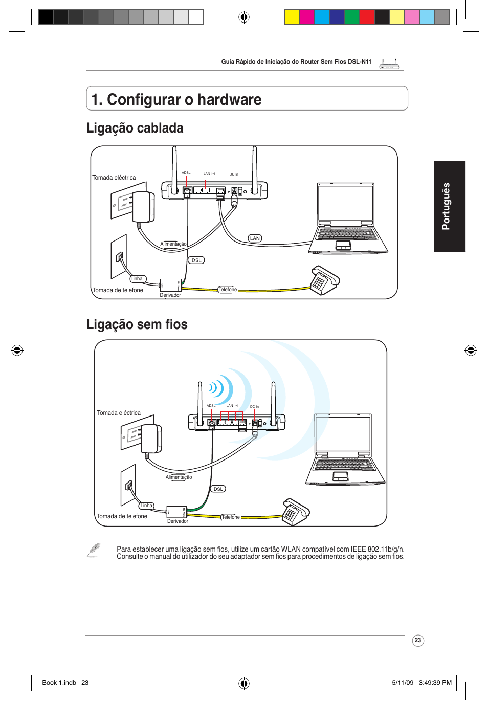 Configurar o hardware, Ligação cablada ligação sem fios, Português | Asus DSL-N11 User Manual | Page 29 / 37