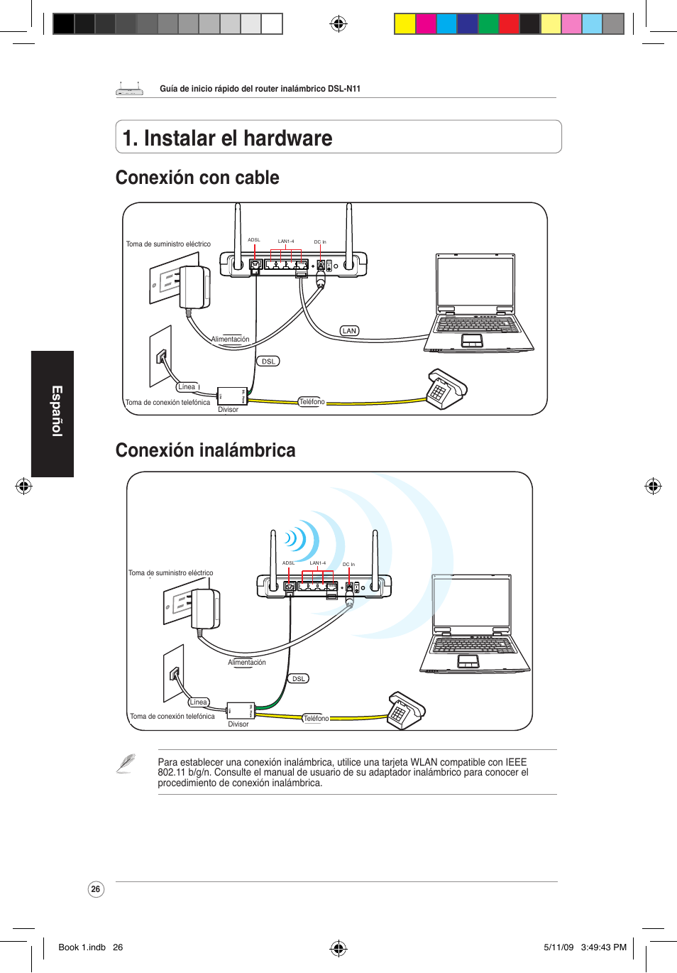 Instalar el hardware, Conexión con cable conexión inalámbrica, Español | Asus DSL-N11 User Manual | Page 32 / 37