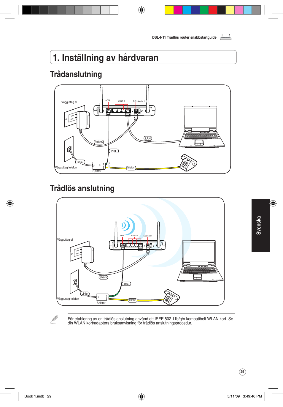 Inställning av hårdvaran, Trådanslutning trådlös anslutning, Svenska | Asus DSL-N11 User Manual | Page 35 / 37