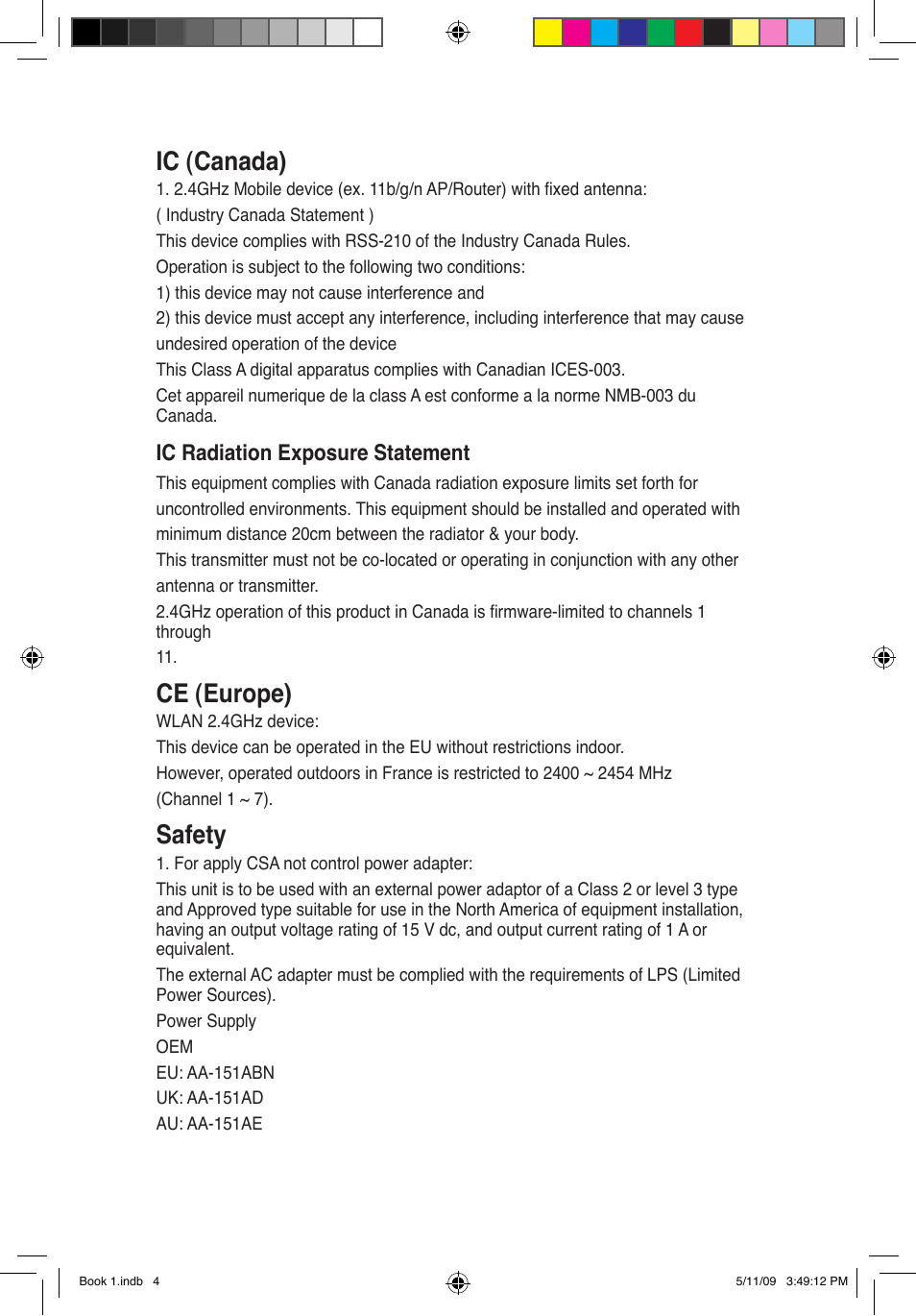 Ic (canada), Ce (europe), Safety | Ic radiation exposure statement | Asus DSL-N11 User Manual | Page 4 / 37