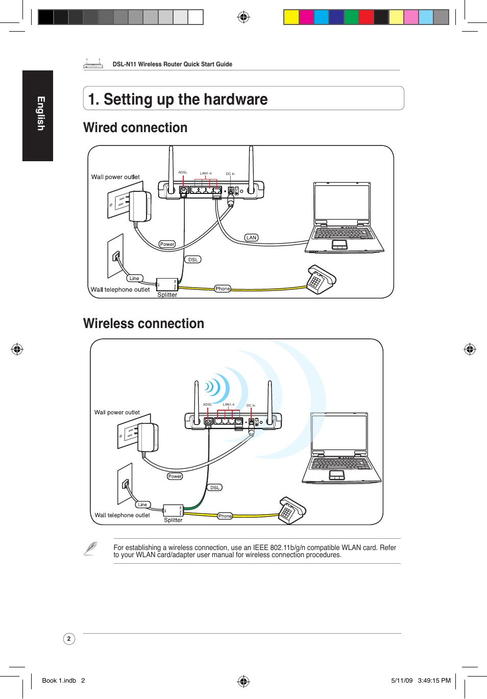 Setting up the hardware, Wired connection wireless connection, English | Asus DSL-N11 User Manual | Page 8 / 37