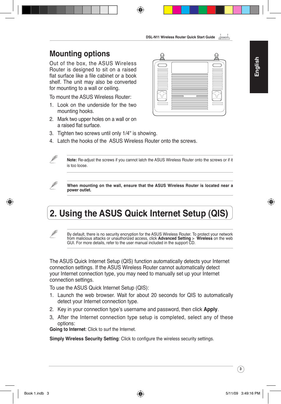 Using the asus quick internet setup (qis), Mounting options | Asus DSL-N11 User Manual | Page 9 / 37