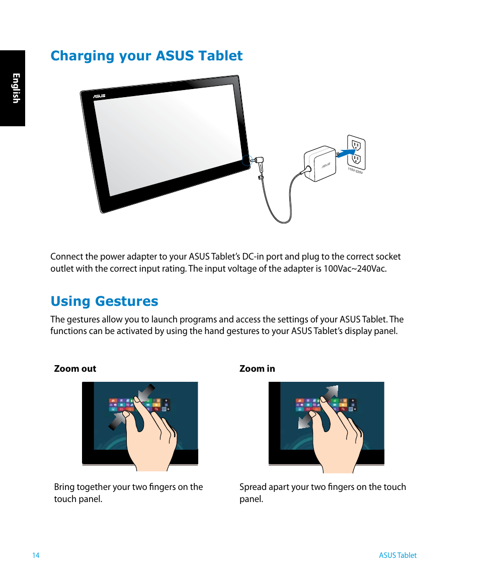 Charging your asus tablet, Using gestures, Charging your asus tablet using gestures | Asus P1801 User Manual | Page 14 / 64