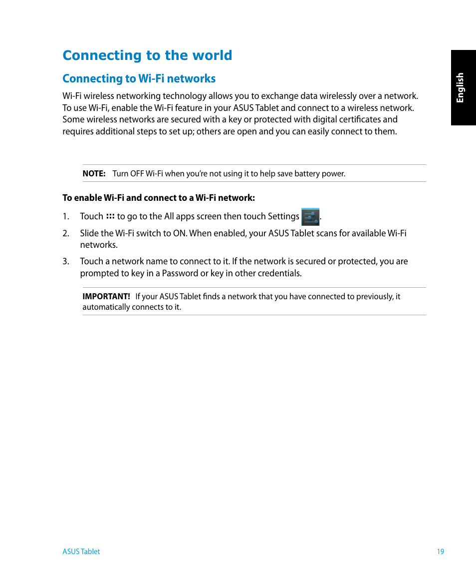 Connecting to the world, Connecting to wi-fi networks | Asus P1801 User Manual | Page 19 / 64