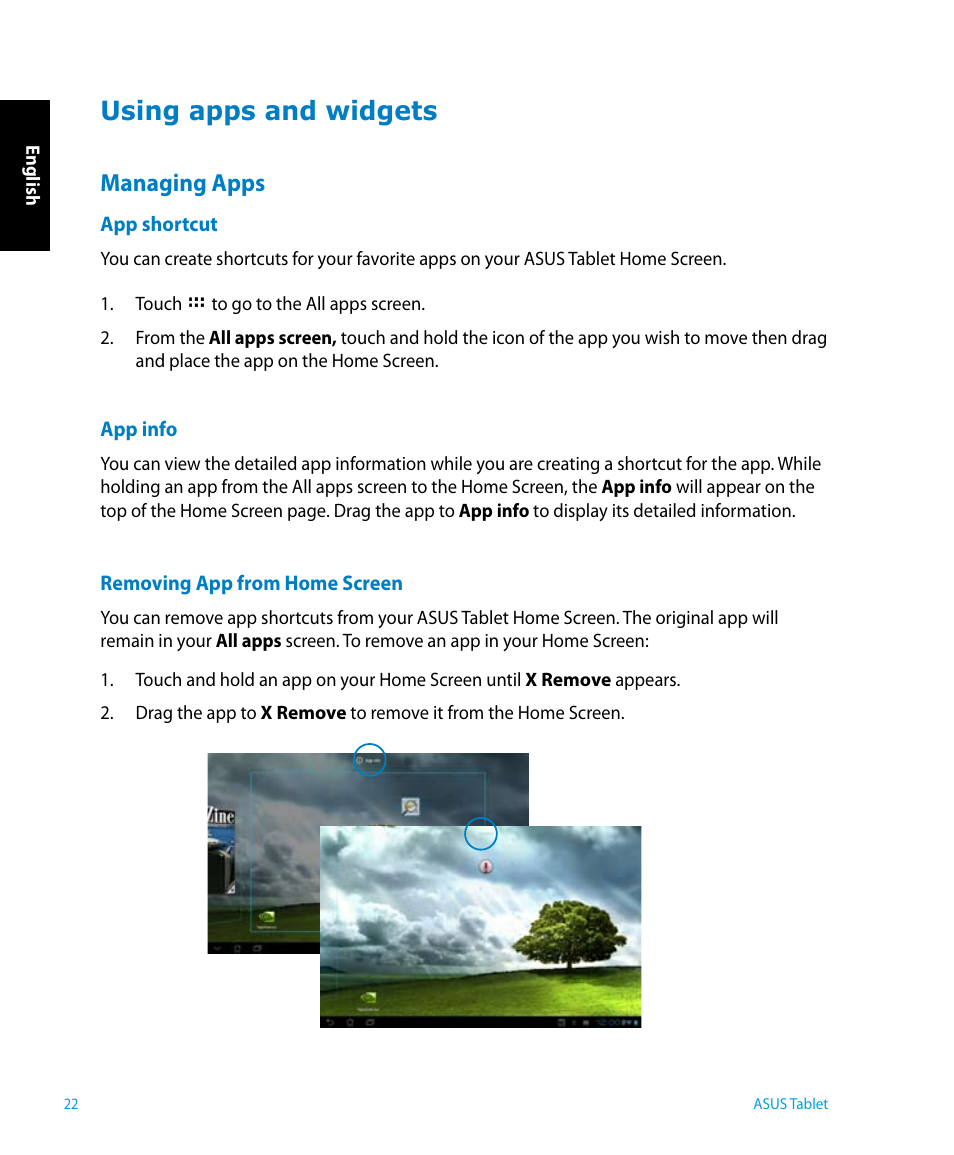 Using apps and widgets, Managing apps | Asus P1801 User Manual | Page 22 / 64