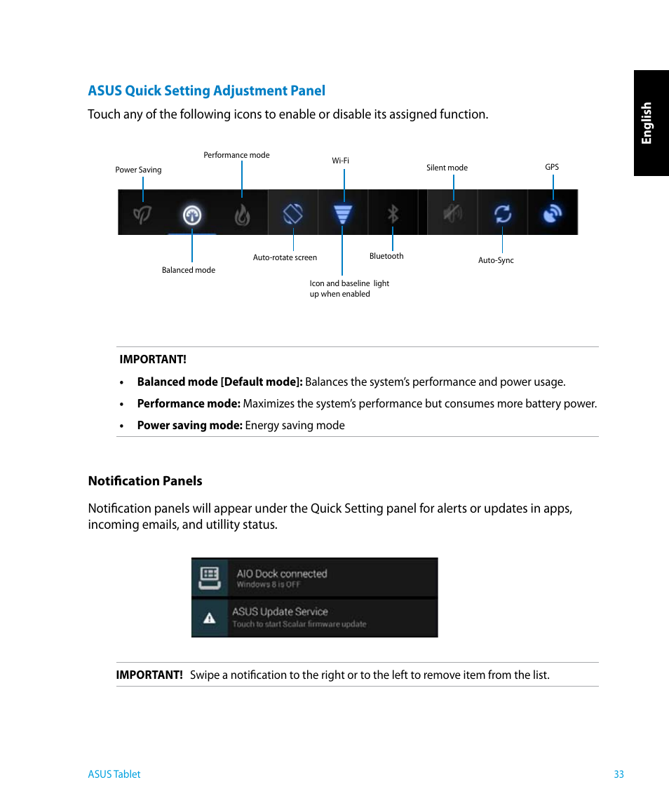 Asus quick setting adjustment panel, English | Asus P1801 User Manual | Page 33 / 64