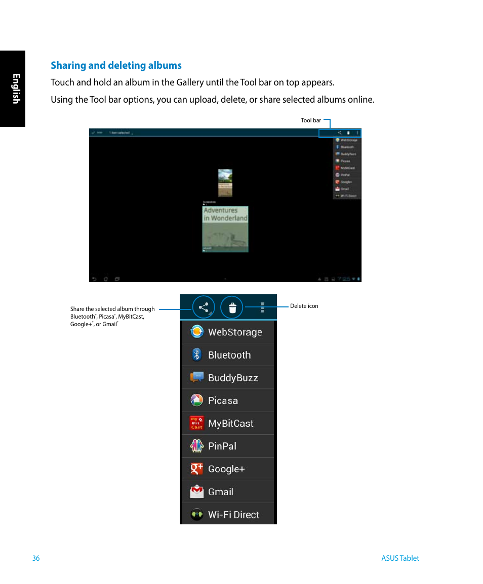 Sharing and deleting albums, English | Asus P1801 User Manual | Page 36 / 64