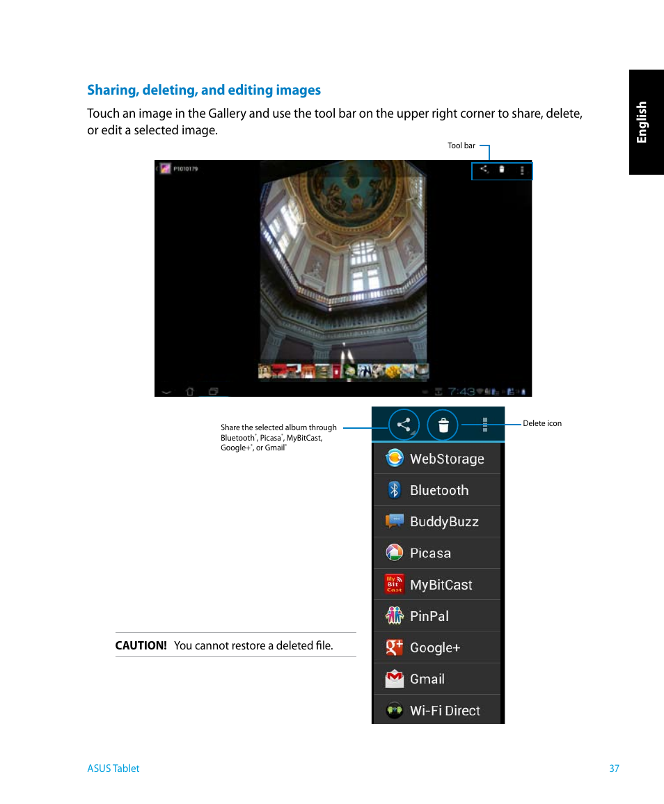 Sharing, deleting, and editing images, English, Caution! you cannot restore a deleted file | Asus P1801 User Manual | Page 37 / 64