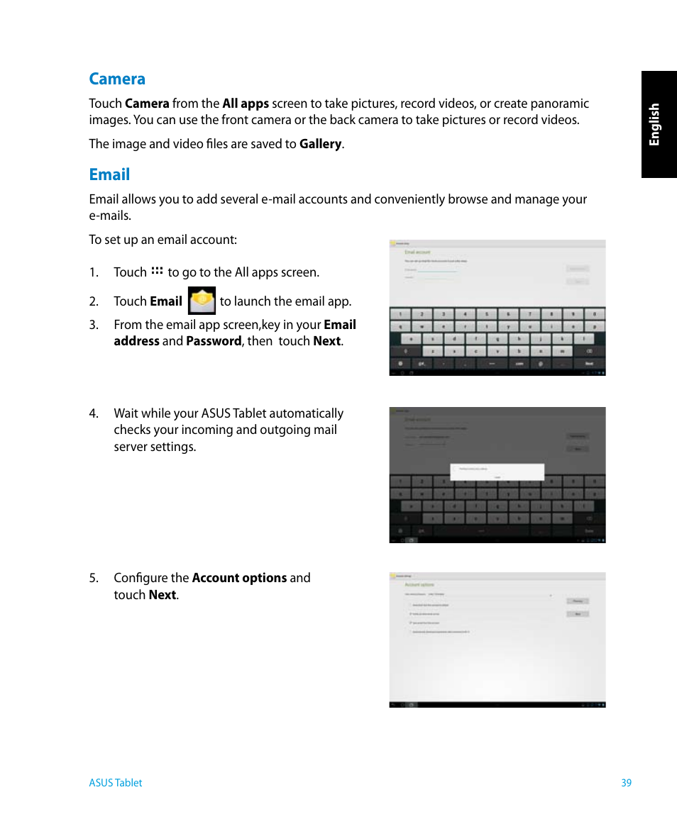 Camera, Email | Asus P1801 User Manual | Page 39 / 64