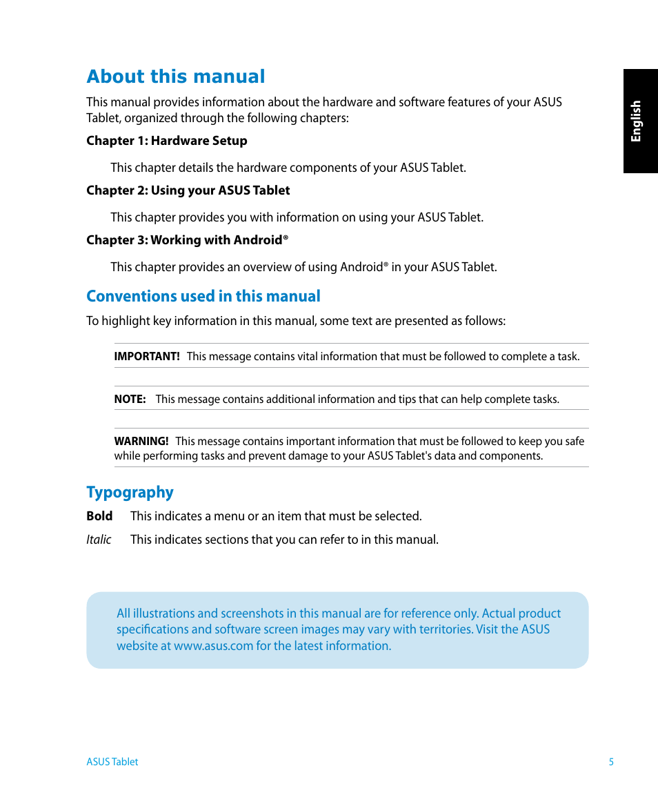 About this manual, Conventions used in this manual, Typography | Conventions used in this manual typography | Asus P1801 User Manual | Page 5 / 64