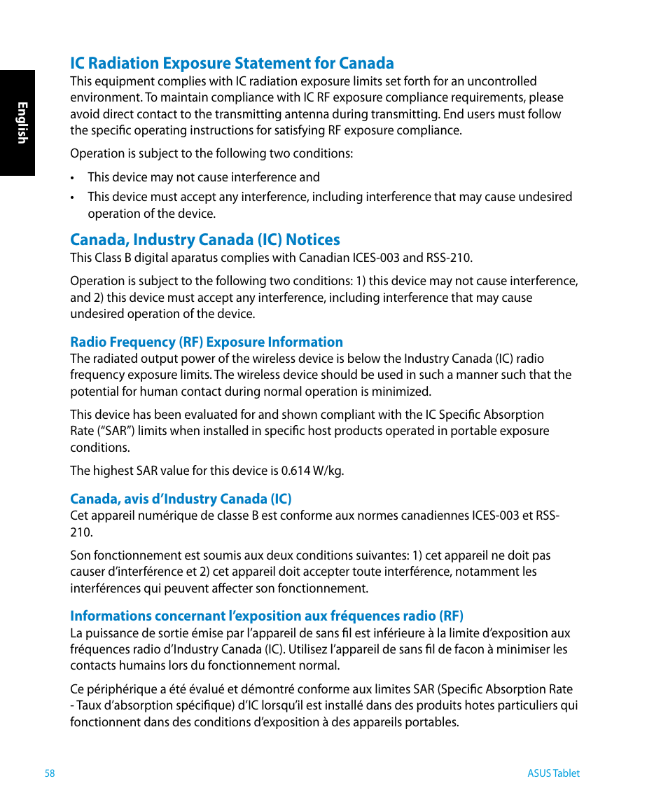 Ic radiation exposure statement for canada, Canada, industry canada (ic) notices | Asus P1801 User Manual | Page 58 / 64