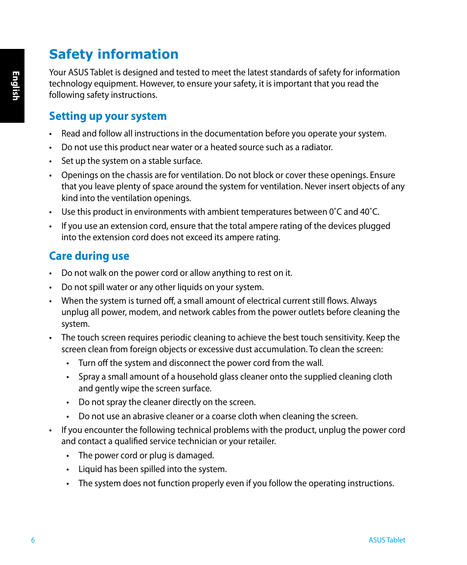 Safety information, Setting up your system, Care during use | Setting up your system care during use | Asus P1801 User Manual | Page 6 / 64