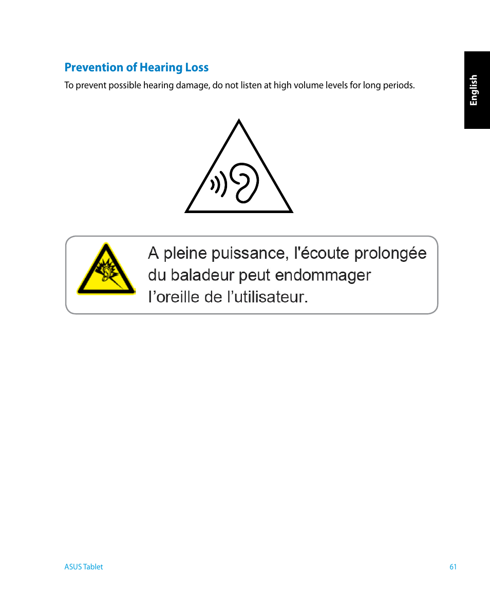 Prevention of hearing loss | Asus P1801 User Manual | Page 61 / 64