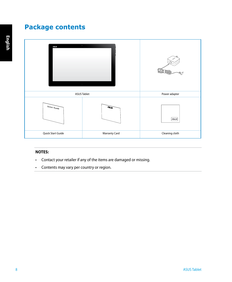 Package contents, English | Asus P1801 User Manual | Page 8 / 64