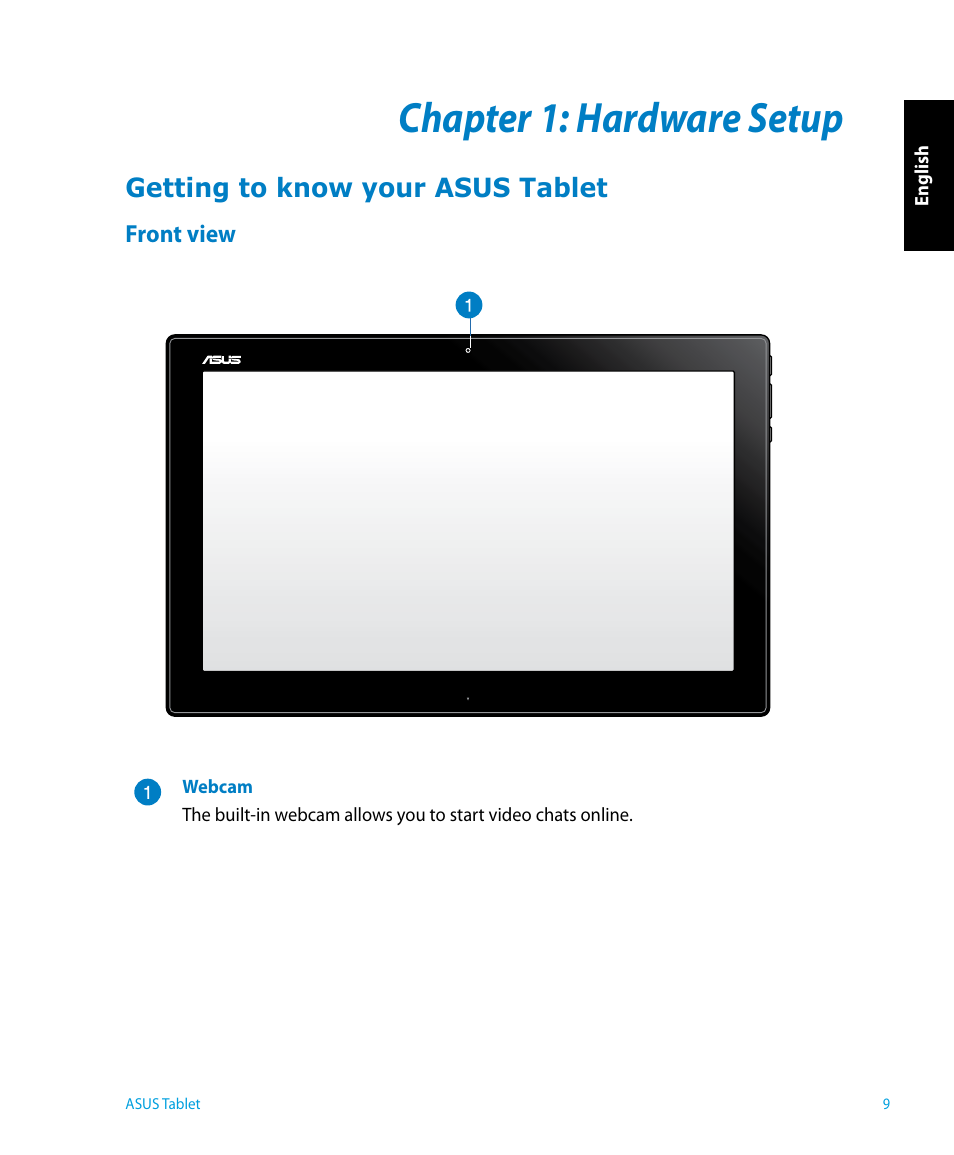 Chapter 1: hardware setup, Getting to know your asus tablet, Front view | Chapter 1, Hardware setup | Asus P1801 User Manual | Page 9 / 64