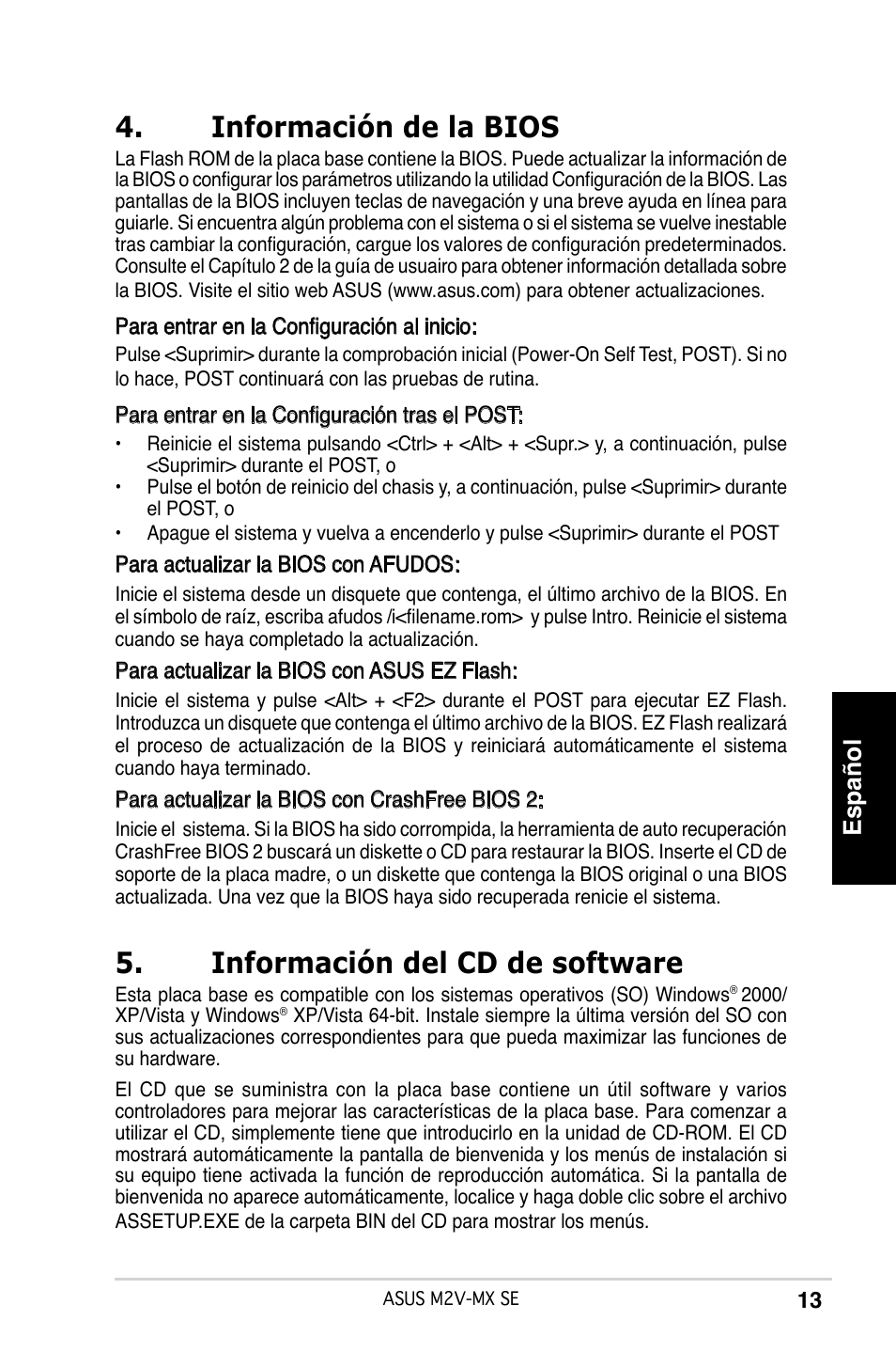 Información de la bios, Información del cd de software, Español | Asus M2V-MX SE User Manual | Page 13 / 38