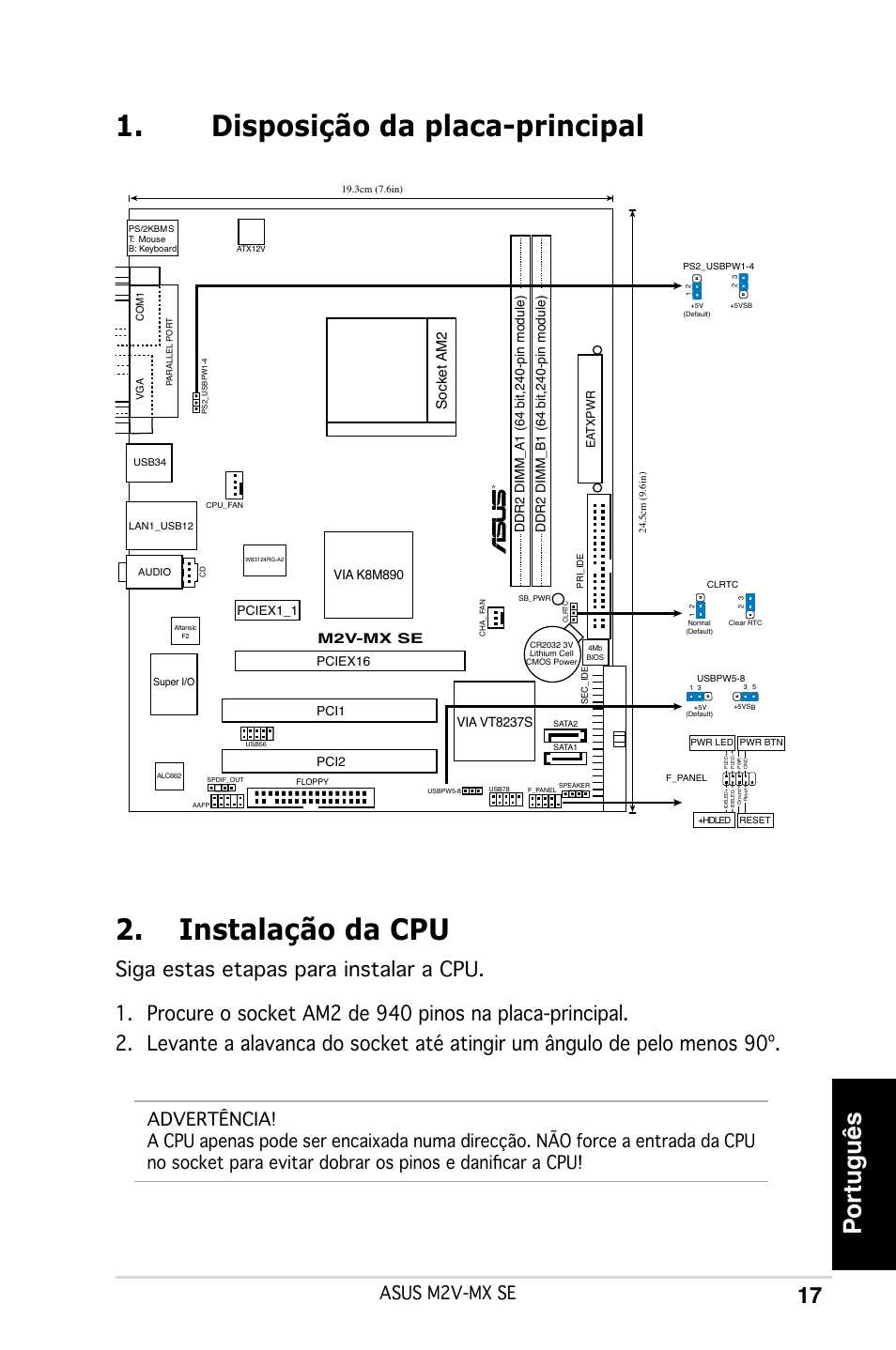 Disposição da placa-principal 2. instalação da cpu, Português, Asus m2v-mx se | Socket am2, M2v-mx se | Asus M2V-MX SE User Manual | Page 17 / 38