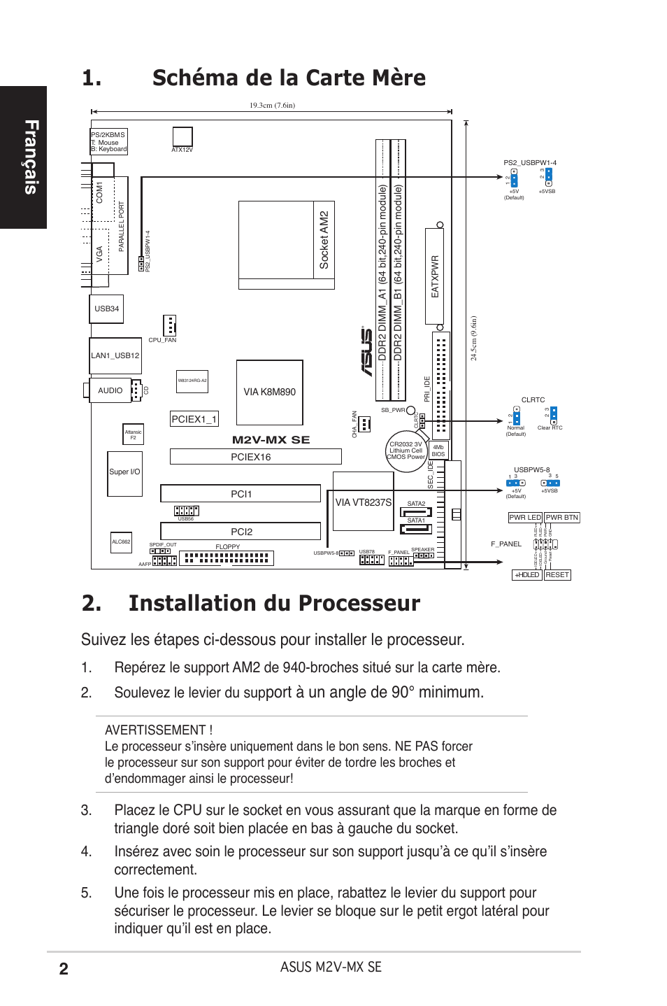 Schéma de la carte mère, Installation du processeur, Français | Port à un angle de 90° minimum, Asus m2v-mx se, Socket am2 | Asus M2V-MX SE User Manual | Page 2 / 38