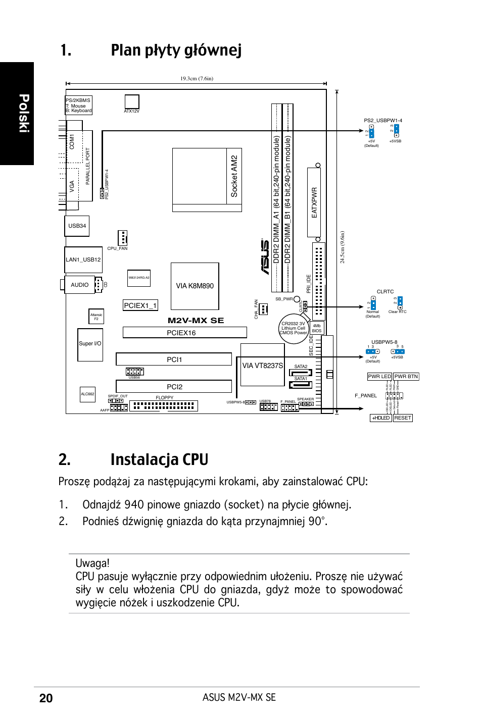 Plan płyty głównej 2. instalacja cpu, Polski, Asus m2v-mx se | Socket am2 | Asus M2V-MX SE User Manual | Page 20 / 38