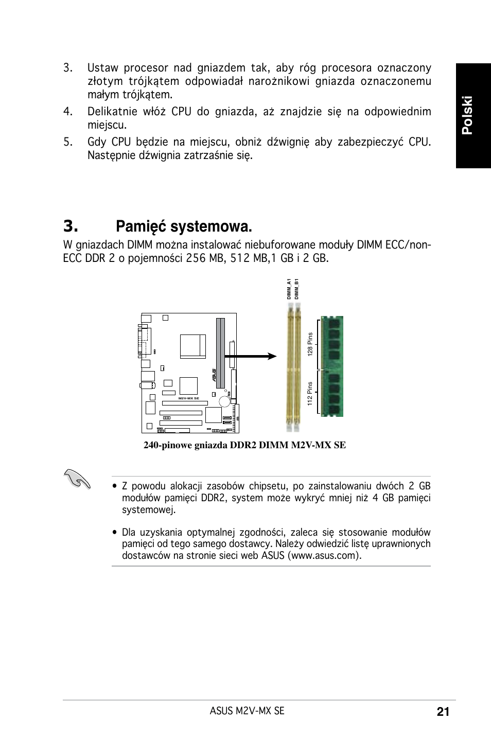 Pamięć systemowa, Polski | Asus M2V-MX SE User Manual | Page 21 / 38