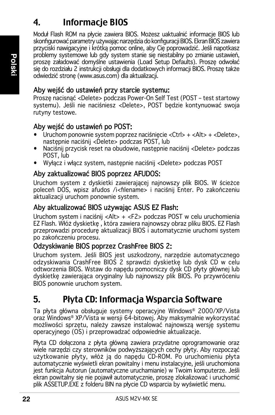 Informacje bios, Płyta cd: informacja wsparcia software, Polski | Asus M2V-MX SE User Manual | Page 22 / 38