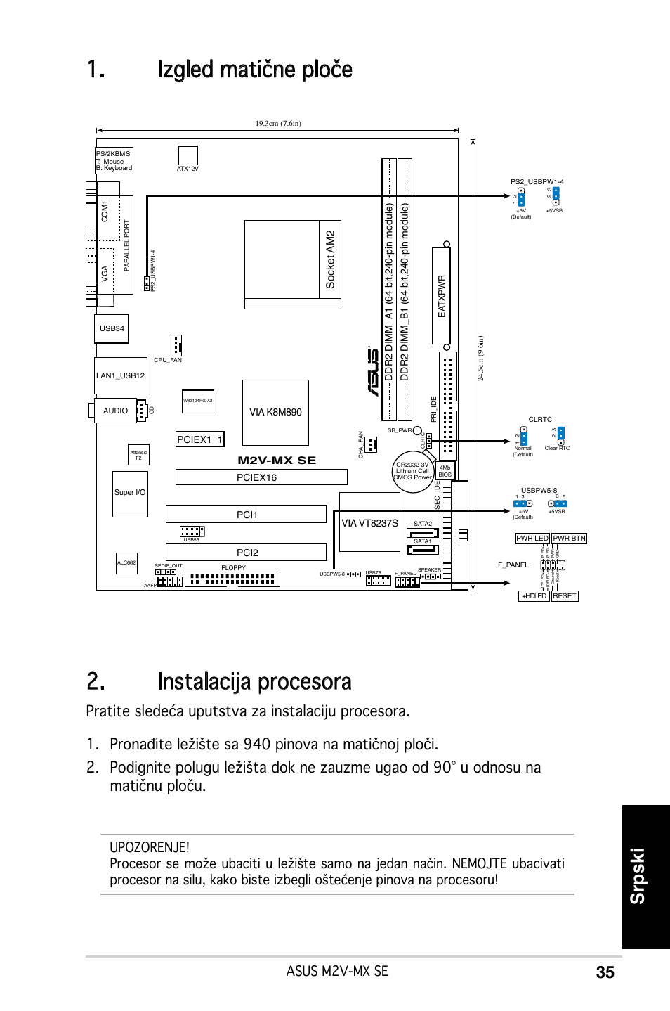 Izgled matične ploče 2. instalacija procesora, Srpski, Asus m2v-mx se | Socket am2, M2v-mx se | Asus M2V-MX SE User Manual | Page 35 / 38