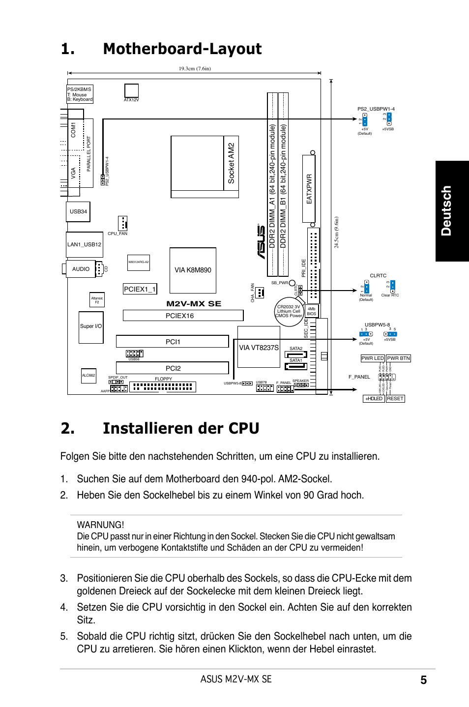 Motherboard-layout 2. installieren der cpu, Deutsch, Asus m2v-mx se | Socket am2 | Asus M2V-MX SE User Manual | Page 5 / 38