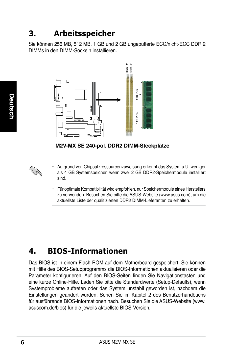 Arbeitsspeicher, Bios-informationen, Deutsch | Asus M2V-MX SE User Manual | Page 6 / 38