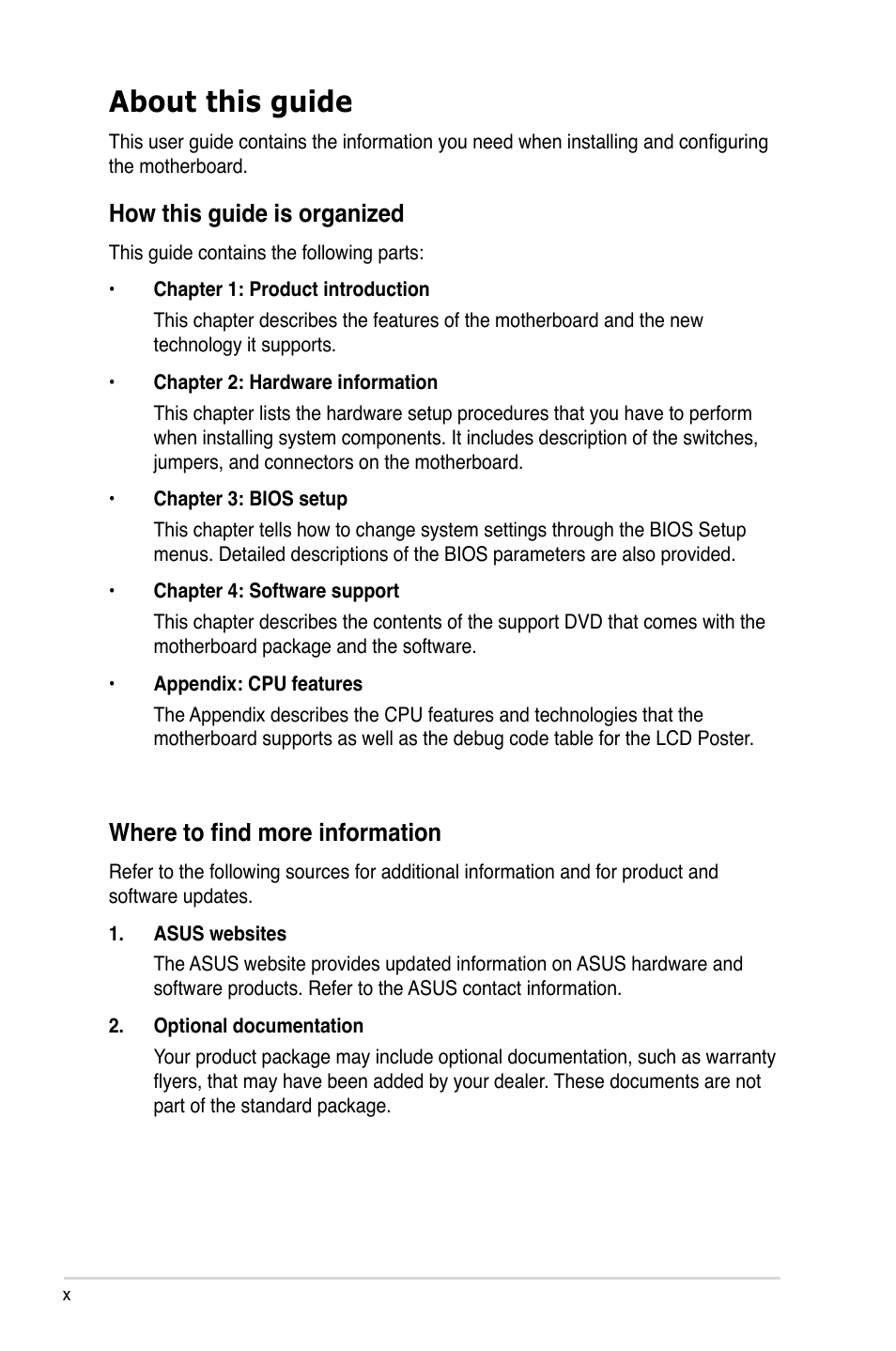 About this guide, Where to find more information, How this guide is organized | Asus Maximus II Formula User Manual | Page 10 / 174